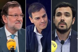 Mariano Rajoy (PP), Pedro Sánchez (PSOE) y Alberto Garzón (IU)